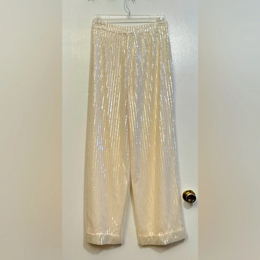 House of Harlow 1960 Sequin Wide Leg Trousers, Size 6, Ivory/Cream - Picture 2 of 4